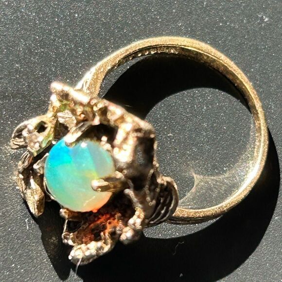 14K Genuine Opal Diamond Cocktail Ring Antiqued Cage Floral Motif Vintage Size 7 - Picture 10 of 17